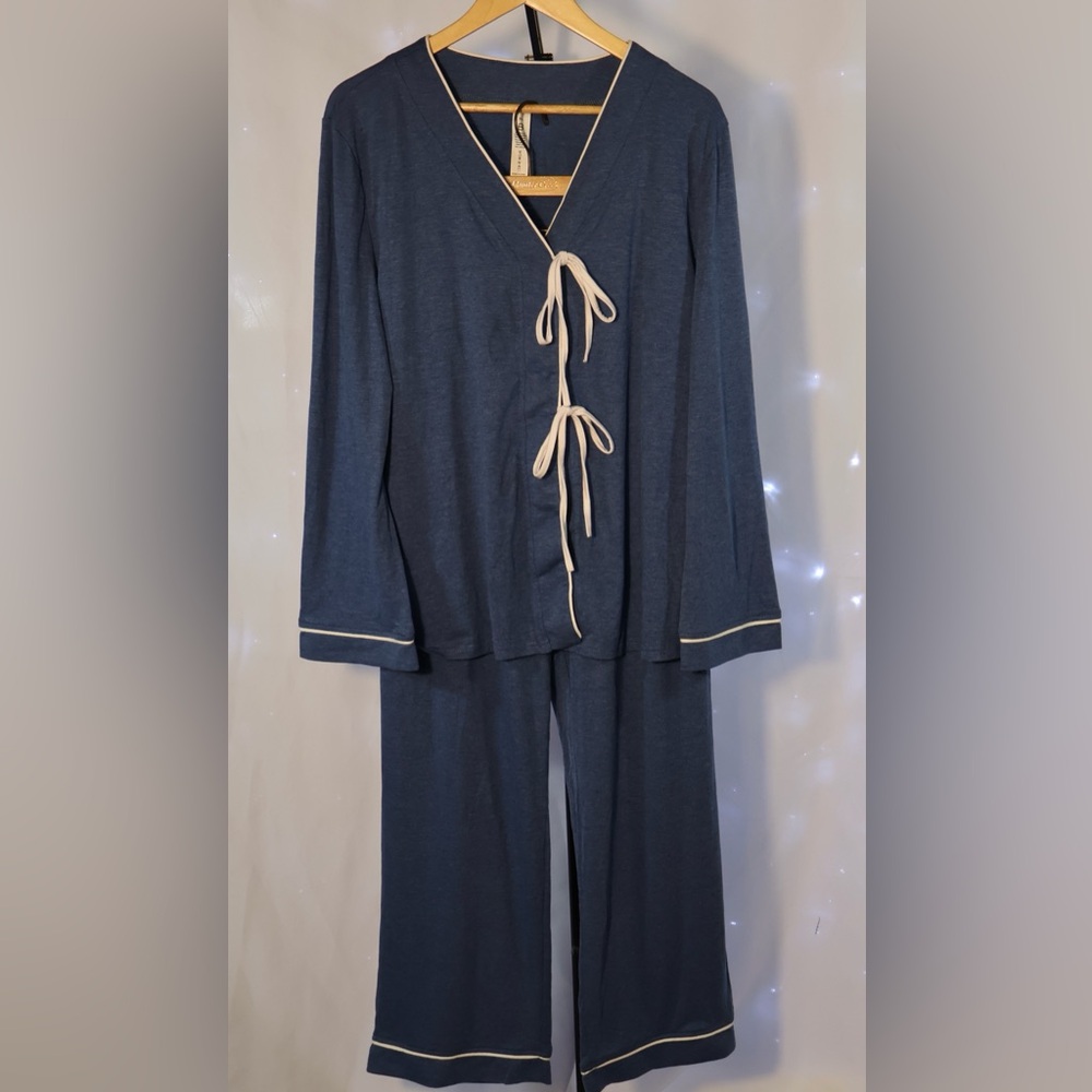 Women's Navy Blue Pajama Set with White Trim